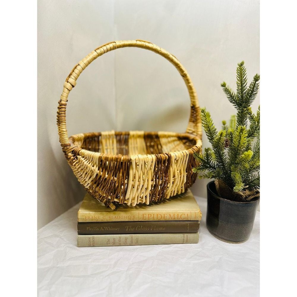 Two‑Tone Oval Wicker Gathering Basket Light & Dark Stripe 11.5x8.5x10.5 inch